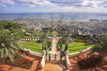 Grandiose solemn landscape - Bahai sacred places, Haifa and Mediterranean sea