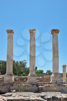 Three columns on the excavation of a Roman amphitheater in Beit Shean, Israel
