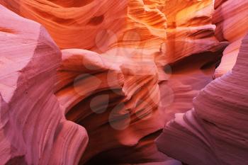 Magic play the red and orange colors in the famous Antelope Canyon in the Navajo Indian Reservation. U.S.
