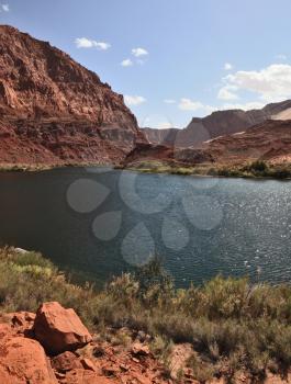  Navajo Reservation, USA. Magnificent Colorado River water is cold in the steep banks of red sandstone.