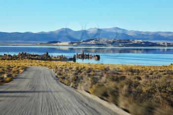 The road to the beautiful Mono Lake with fantastic reef-Tufa. A trip to the high speed