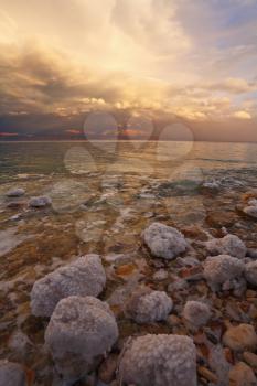 Spring thunder-storm, thunder and lightnings on the Dead Sea in Israel