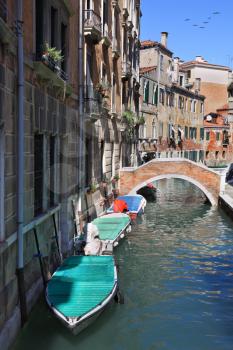 Eternal fantastic Venice. The narrow street - channel is brightly shined by the midday sun. At a wall gondolas are moored