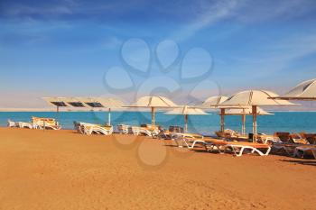 Magnificent beach with pure yellow sand on the bank of the Dead Sea. For visitors of hotel - beach umbrellas and beach plank beds