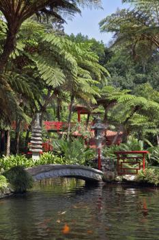The red Chinese-style pavilions and a wonderful bridge over a pond with goldfish. Lovely park on the island of Madeira -  Monte Palace Tropical Garden