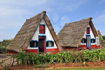 Madeira, the city of Santana. Pastoral landscape. Two charming rural houses with triangular thatched roof