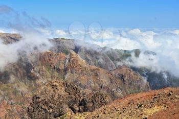 The highest peak of Madeira Island - Pico Ruyvu. By strong wind in the mountains of Madeira flying clouds