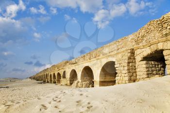 Perfectly kept aqueduct of the Roman period at coast of Mediterranean sea in Israel