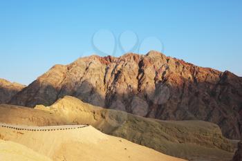 Early morning in ancient mountains of Sinai desert.