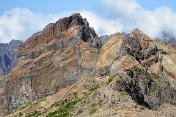 The highest peak of Madeira Island - Pico Ruyvu. A very strong wind at the top of the volcanic island of Madeira is driving the cloud