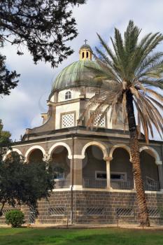 Basilica on the mountain of Beatitudes . The majestic dome and gallery, with columns