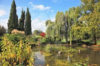 Gorgeous European park. Quiet picturesque pond surrounded by bright green shrubs and trees