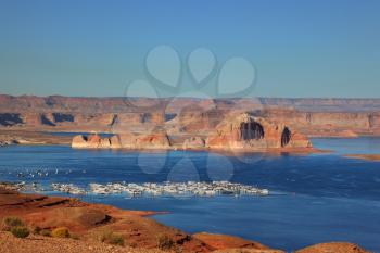 Port for white yachts on Lake Powell. Spectacular sunset