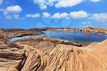 Bright blue water bay. Bottling magnificent Lake Powell photographed by Fisheye lens