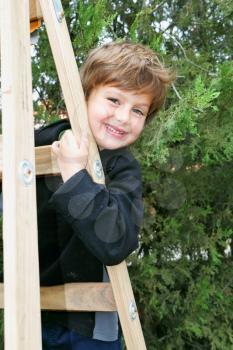 A charming four year old boy climbed a wooden extension ladders in the garden