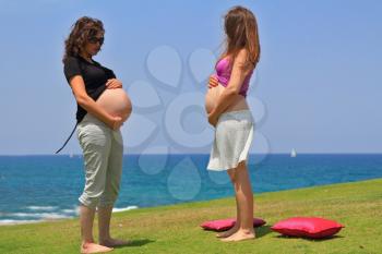 Two lovely young pregnant woman posing playfully on the lawn by the sea.