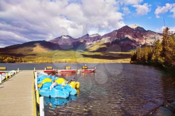 Magnificent morning on Pyramidal lake in Canada. The tourist on a mooring