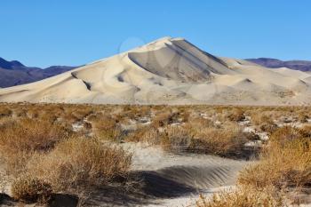 The Phenomenon of Death Valley, California - a huge sand dune Eureka on sunrise. Delightful alternation of light and shade