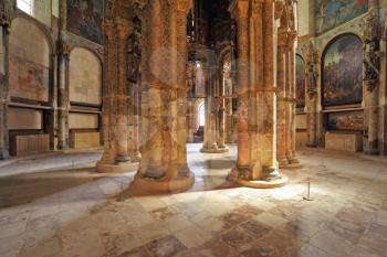 The imposing medieval castle of the Knights Templar in Portugal. Marble columns support the ceiling in the main hall