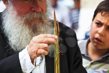 Bnei Brak - September 22: Old Orthodox Jew with the troubled boy chooses ritual plant Lula before the holiday of Sukkot. Holiday city market September 22, 2010 in Bnei Brak, Israel
