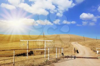 The bright sun illuminates the rural road. The road in the desert with a fence for the cows.