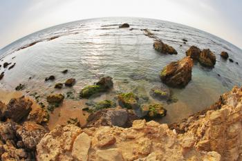 Wet green moss on huge stones of the beach,  photographed by an objective Fish eye