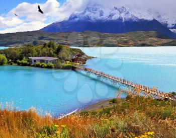 Picturesque little island in the lake Pehoe. Opened hotel on the island. Go to the hotel is an easy bridge. National Park Torres del Paine, Chile