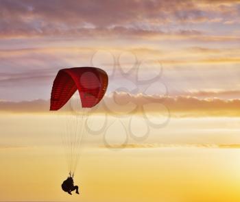 Flight on an operated parachute in twilight on a sunset 