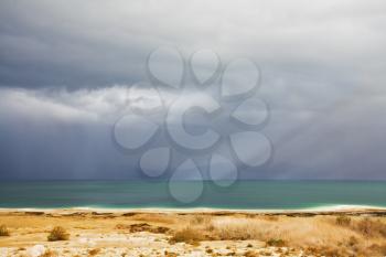 Coast of the Dead Sea during a spring thunder-storm