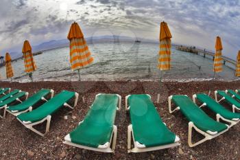 Beach plank beds on coast of Red sea in Eilat