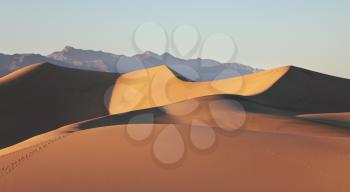 Clear graphic shapes of sand dunes at sunrise. California, Death Valley

