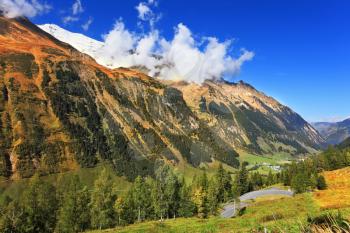 Early autumn in the Austrian Alps. The beautiful sunny day in the valley Grossglocknershtrasse