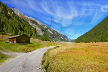 Wide dirt road in an Alpine valley. Sunny autumn day. The mountain slopes are covered with dense pine forest