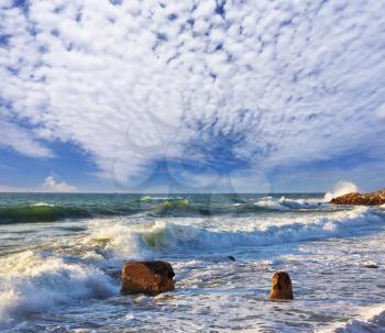 Storm on Mediterranean sea. A surf at coast Jaffo, Israel