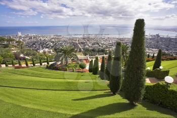Grandiose magnificent landscape - Bahai gardens, Haifa and Mediterranean sea