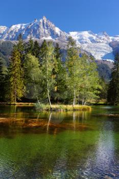 Snowy Alps picturesquely surrounded by evergreen trees and lake. Cozy urban park in Chamonix in sunset 
