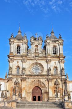 Superbly preserved Catholic monastery. The facade and main entrance. Portugal, Alkobasa