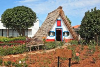 Charming white house with a gable roof. Old house-museum of the first settlers on the island of Madeira