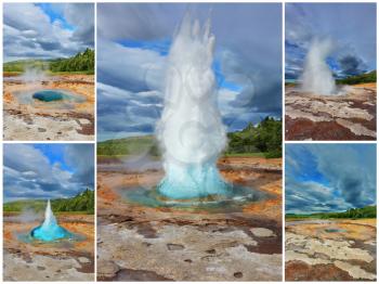 Gushing geyser Strokkur. Boiling azure water fumaroles replaced by a fountain of hot water and steam. Collage showing different phases of the action of the geyser