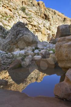  A small pool in canyon, reflecting mountains
