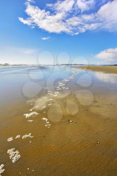 Wide sandy beach and sea foam on sand during outflow