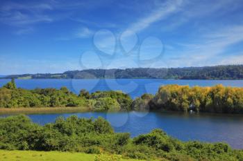 Harmonious lake landscape in Chilean Patagonia. Scenic lake surrounded by beautiful forests