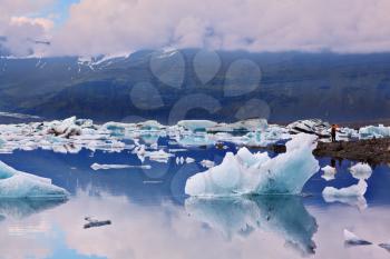 Icebergs and ice floes in the blue Ice lagoon Jokulsarlon. South-east Iceland in July