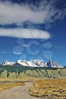 The magnificent mountain range - Mount Fitzroy in Patagonia, Argentina. Summer sunny noon
