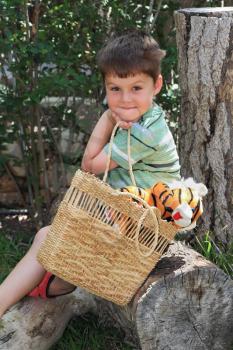 The charming four-year boy on walk in park. He sits on a dry stub and holds a wattled basket with a plush tiger cub.