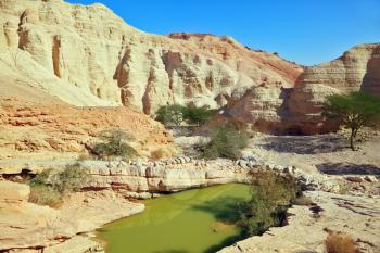 Canyon in ancient mountains at the Dead Sea. A big pool with the remains of green water