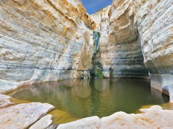 Canyon Ein Avdat in Israel. Thin jet waterfall form cold lake. Sandstone canyon walls form round bowl