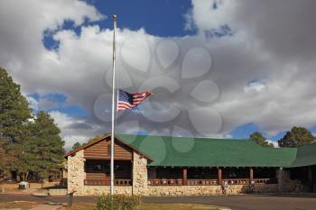 Tourist Information Center near the Grand Canyon.U.S. State Flag is fluttering in the wind