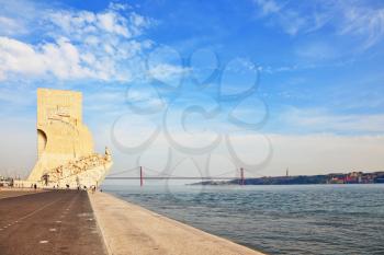 Tagus River Embankment - an obelisk in memory of sea gains of Portugal. Lisbon, capital of Portugal
