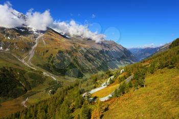 Early fall in the Austrian Alps. Fine sunny day in Grossglockner shtrasse valley